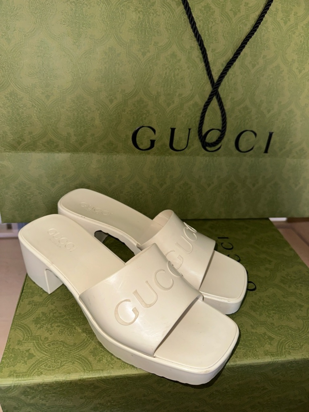 Gucci White Embossed Logo Slide Mules
